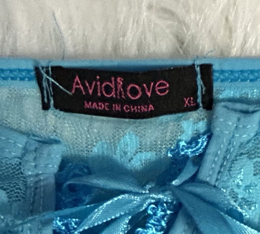 2PC AVIDLOVE Blue Shiny Silky Sheer Lace Garter Panties & Tank Bra Bralette XL