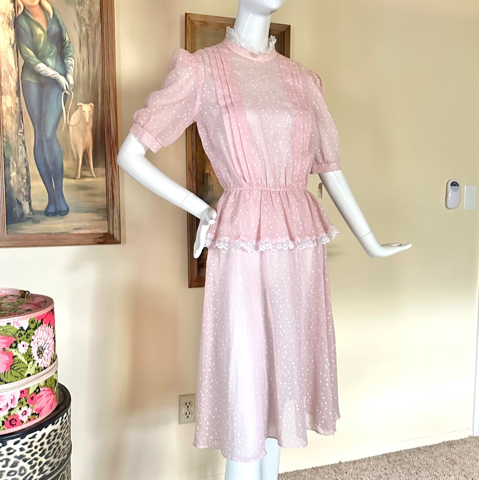 Vintage 1980s New Wave Valley Girl Pastel Pink Polka-dot Peplum Dress S/M