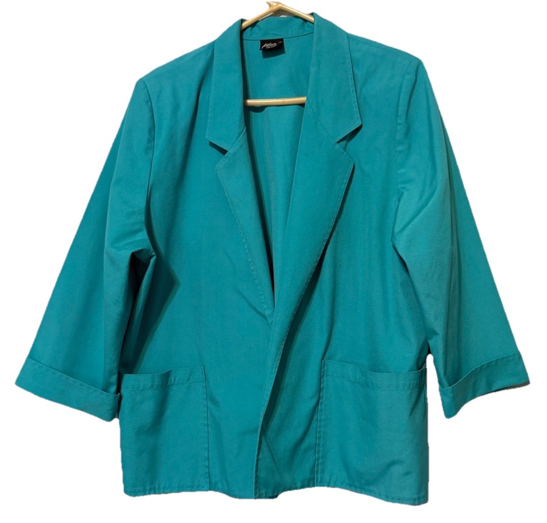 Vintage Koret Teal Blue Open Front Blazer Jacket 3/4 Cuffed Sleeves Measures XL