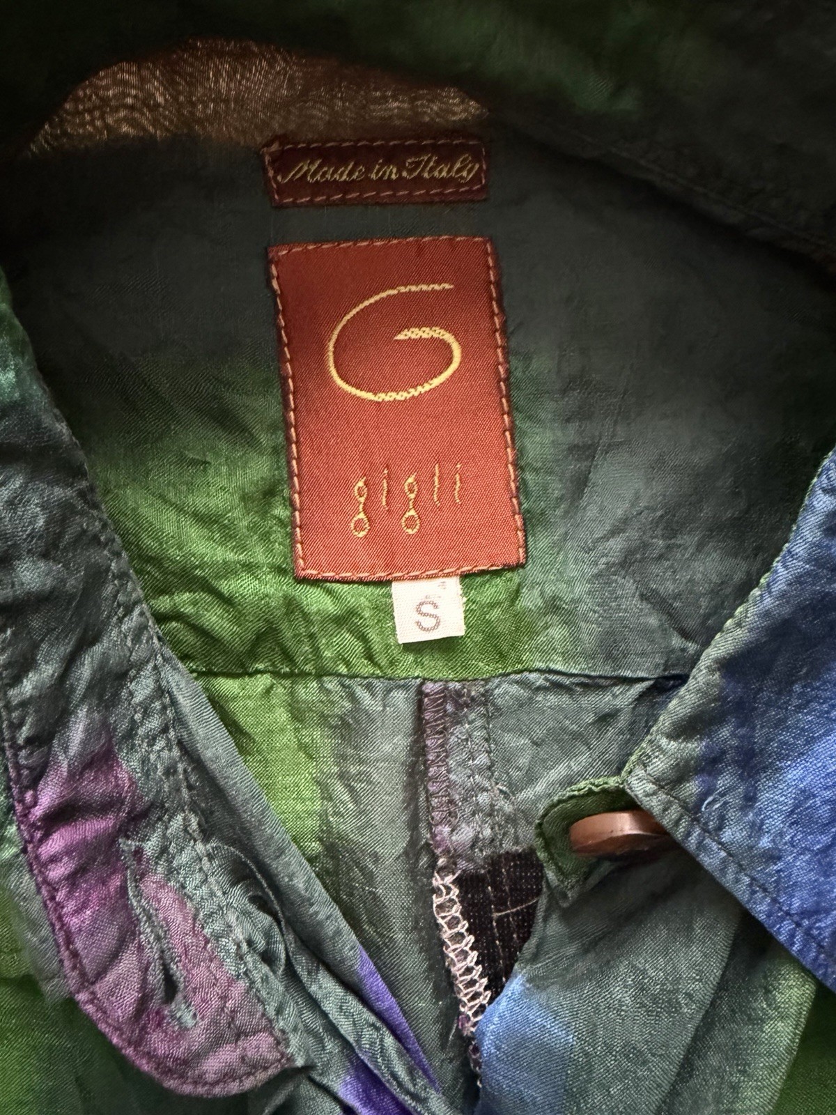 Vintage 90s Romeo Gigli 100% Silk Shirt Green Purple Button-Up Blouse Italy Sz S