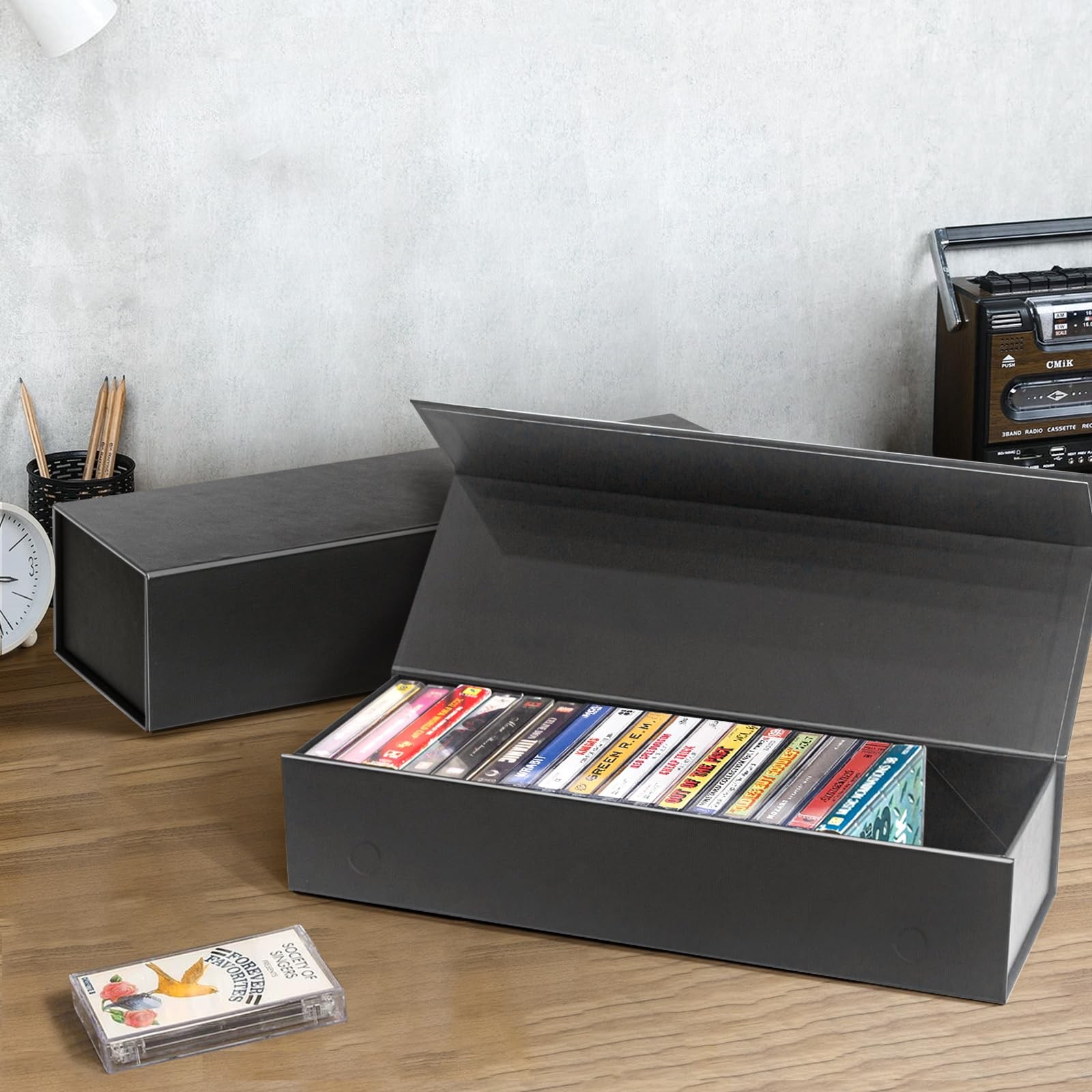 tutata Cassette Tape Storage Box Holder 14.25×4.5×3″ – 20 Tapes Magnetic Closure