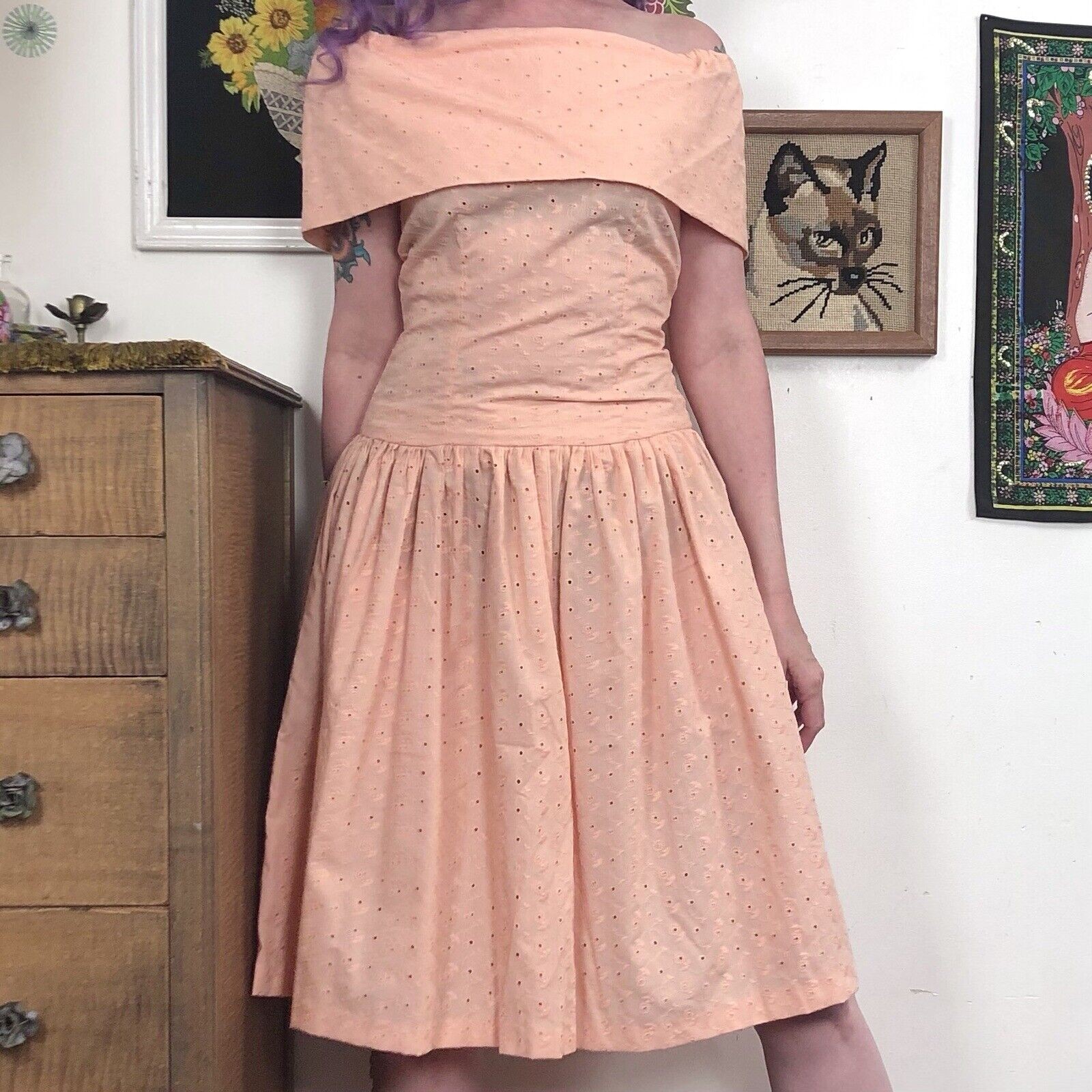 Vintage Eyelet Dress, 1980s Peach Cotton Cottagecore Dress, Off-Shoulder Size S