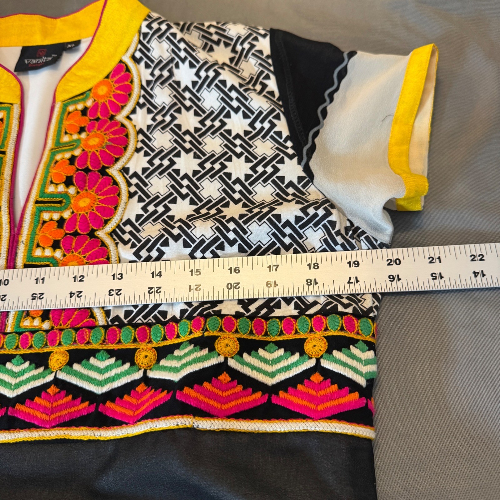 Vanita Boutique Kurta Tunic Dress XL Striped Yellow Embroidered Vtg 80s Festive