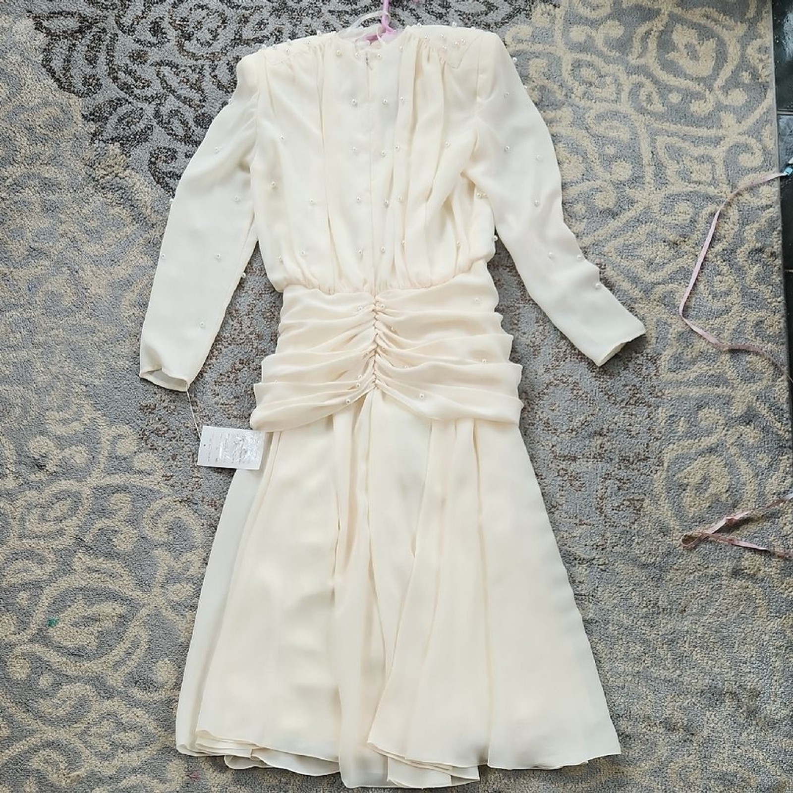 Vintage Pia Rucci Beaded Pearl Long Sleeve Midi Dress Cream 12