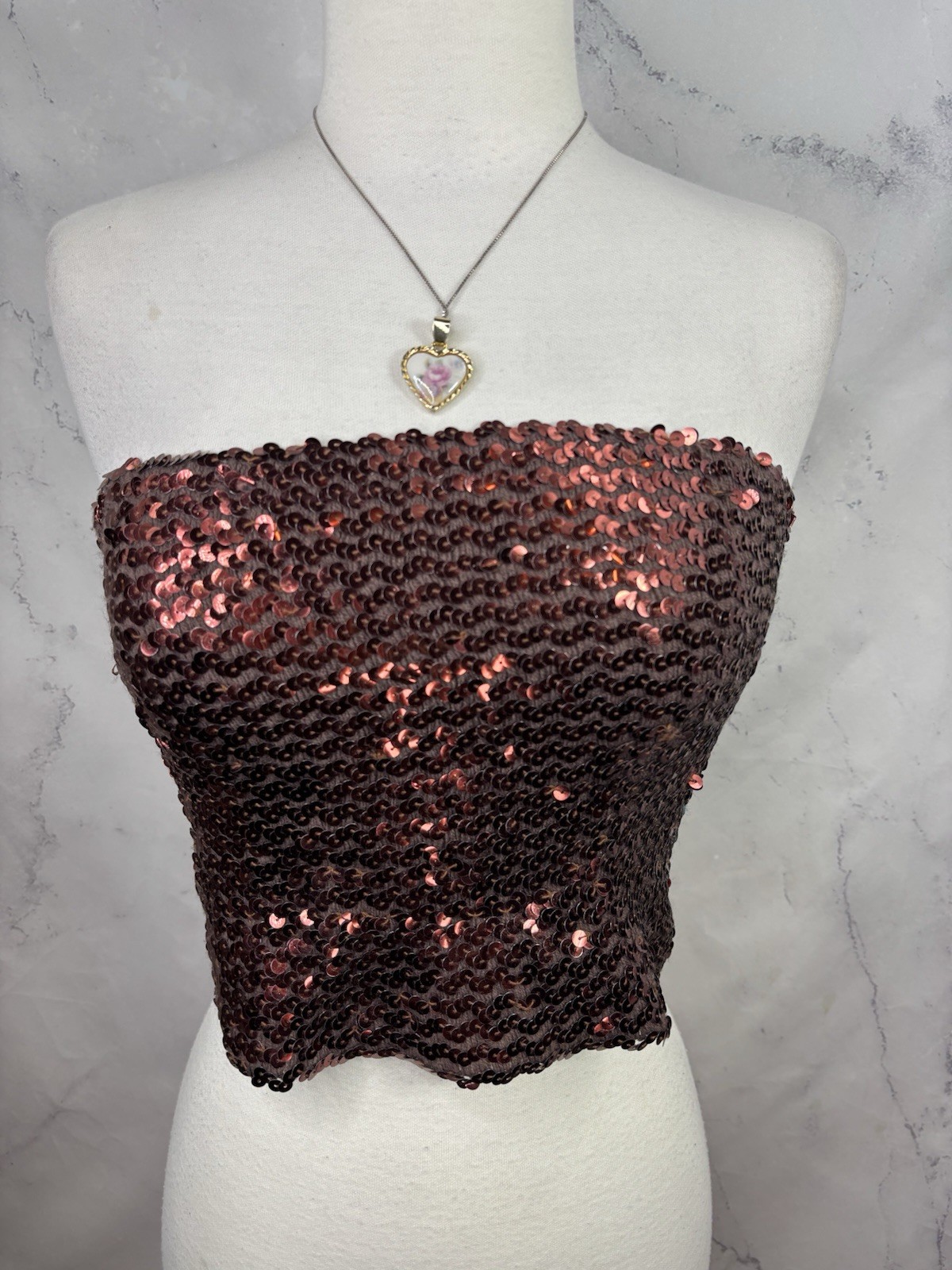 Vintage 1980s 90s Copper Brown Disco Sequin Tube Top Crop Top sz S USA Retro