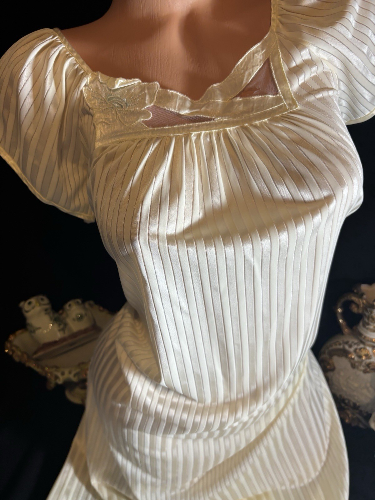 Vtg Silky Sunshine Yellow Nightie Gown Lace Bodice Nightgown Negligee S