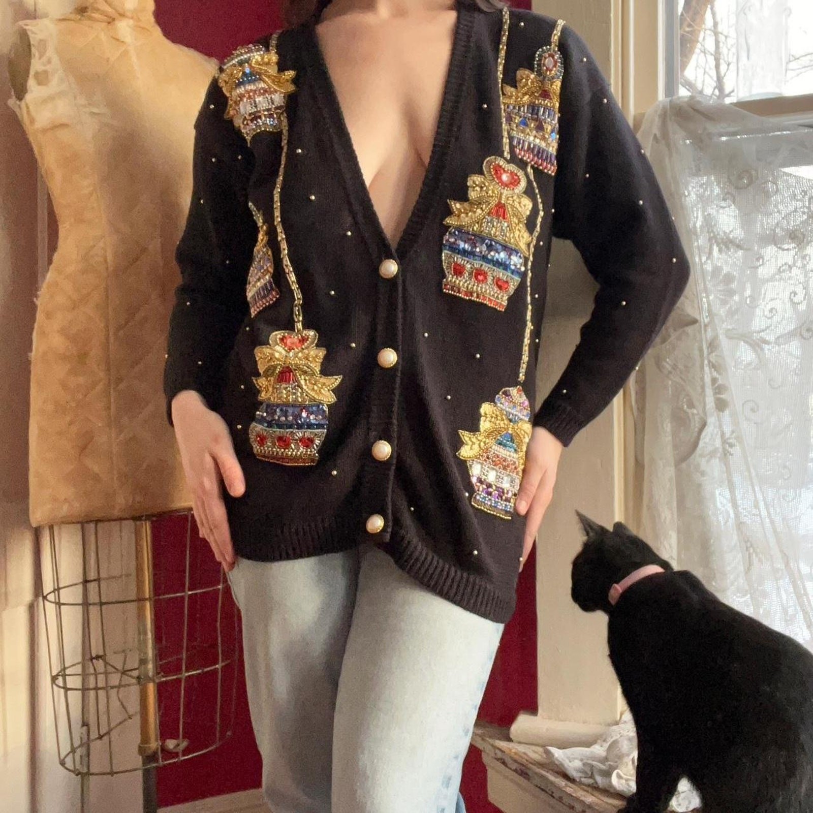 Vintage 1980s Black Cotton Beaded Sequin Hearts & Perfume Bottles Cardigan M/L