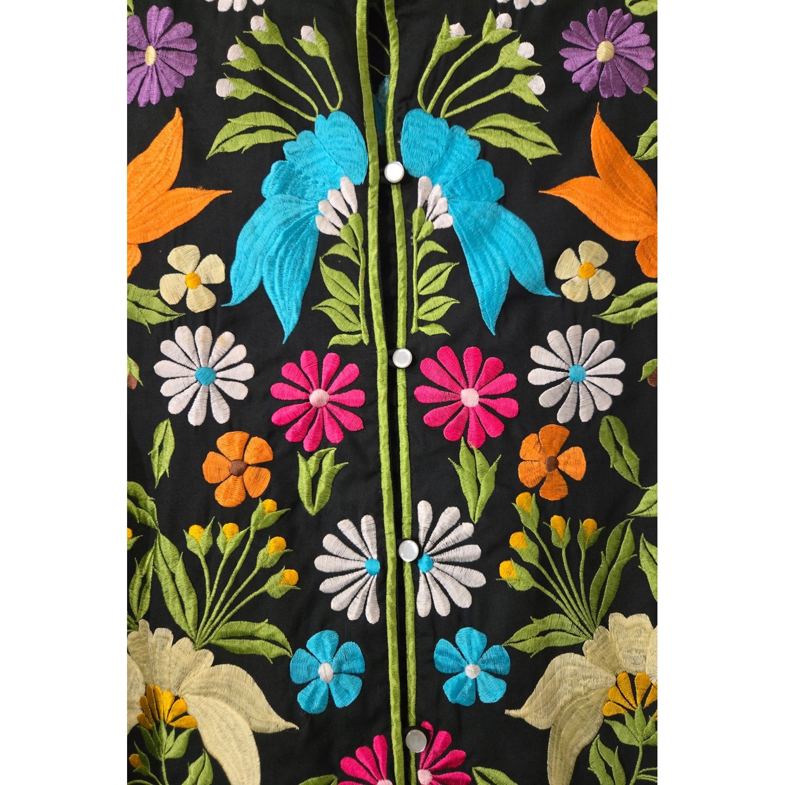 Leandra Vintage Embroidered Floral Bird Tunic Black Mandarin Collar Scallop LG