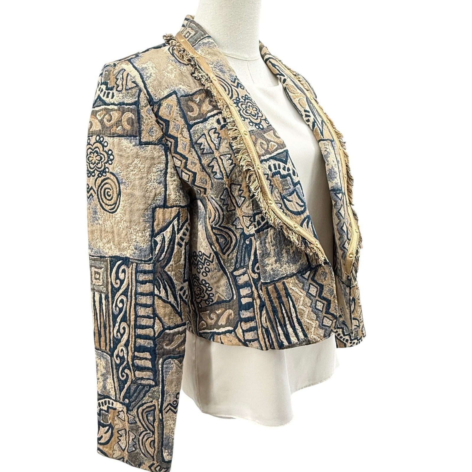 City Girl Sport Women’s Tapestry Jacket Cropped 90s Blue Tan Fringed Size 6