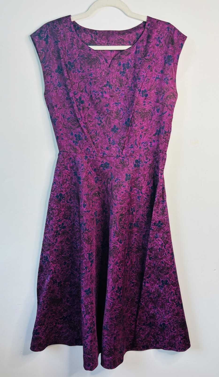 VTG 50’S HANDMADE PURPLE BLUE FLORAL PRINT SILK FULL CIRCLE SKIRT DRESS*S/M