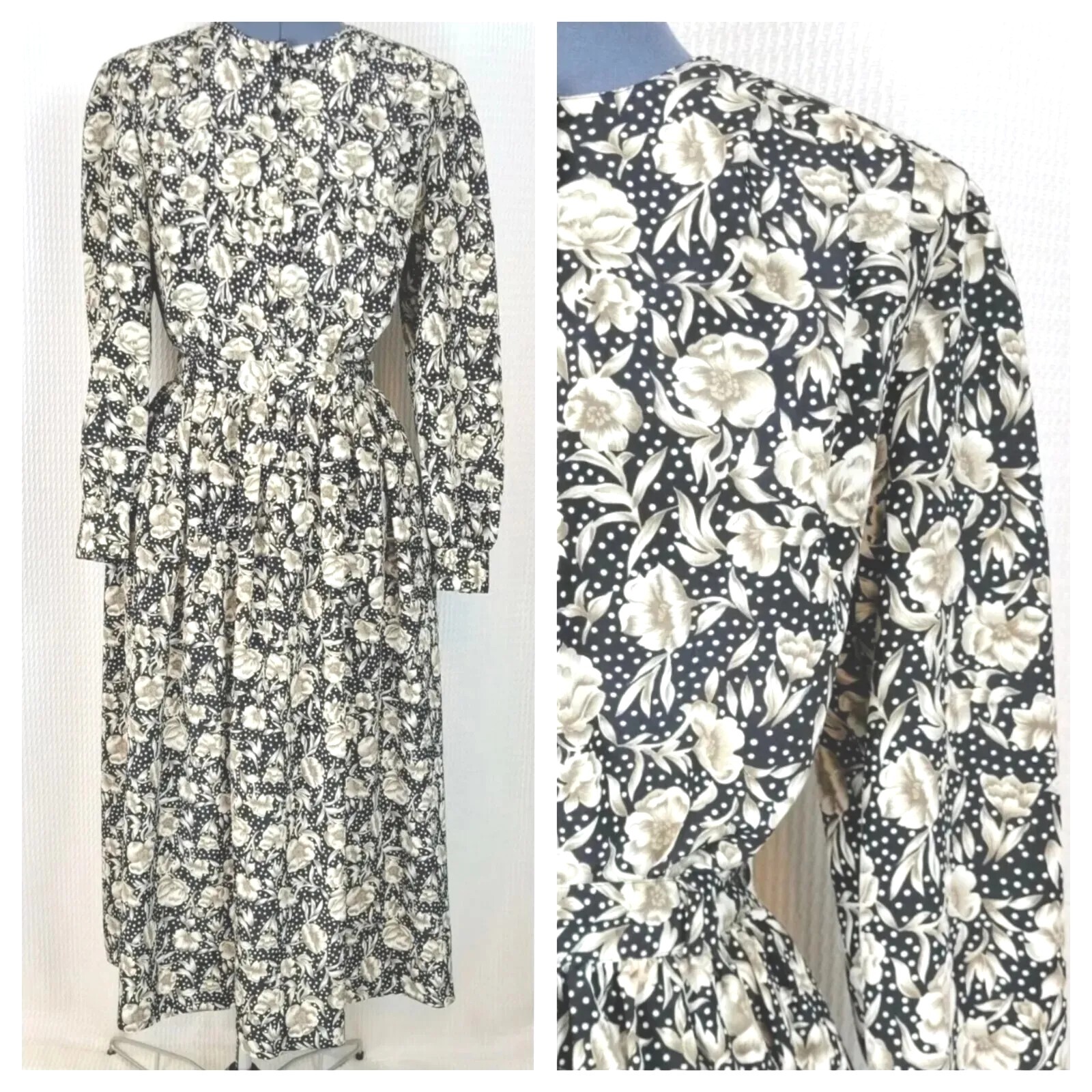 Vtg Personal Blouse & Skirt Set in Black w Tan & White Florals & Polka Dots Sz 8