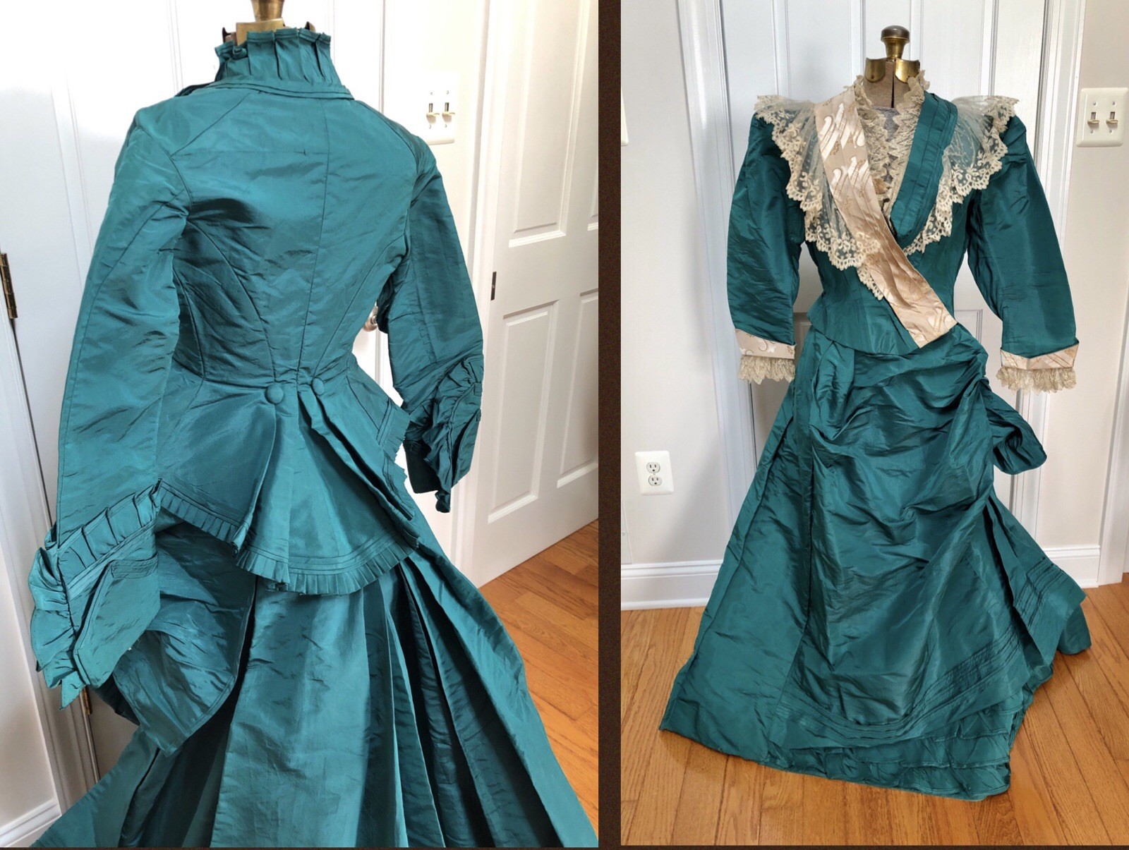Antique 1880s 3Pc *EMERALD GREEN SILK Victorian BUSTLE DRESS w/PRINCESS JACKET*