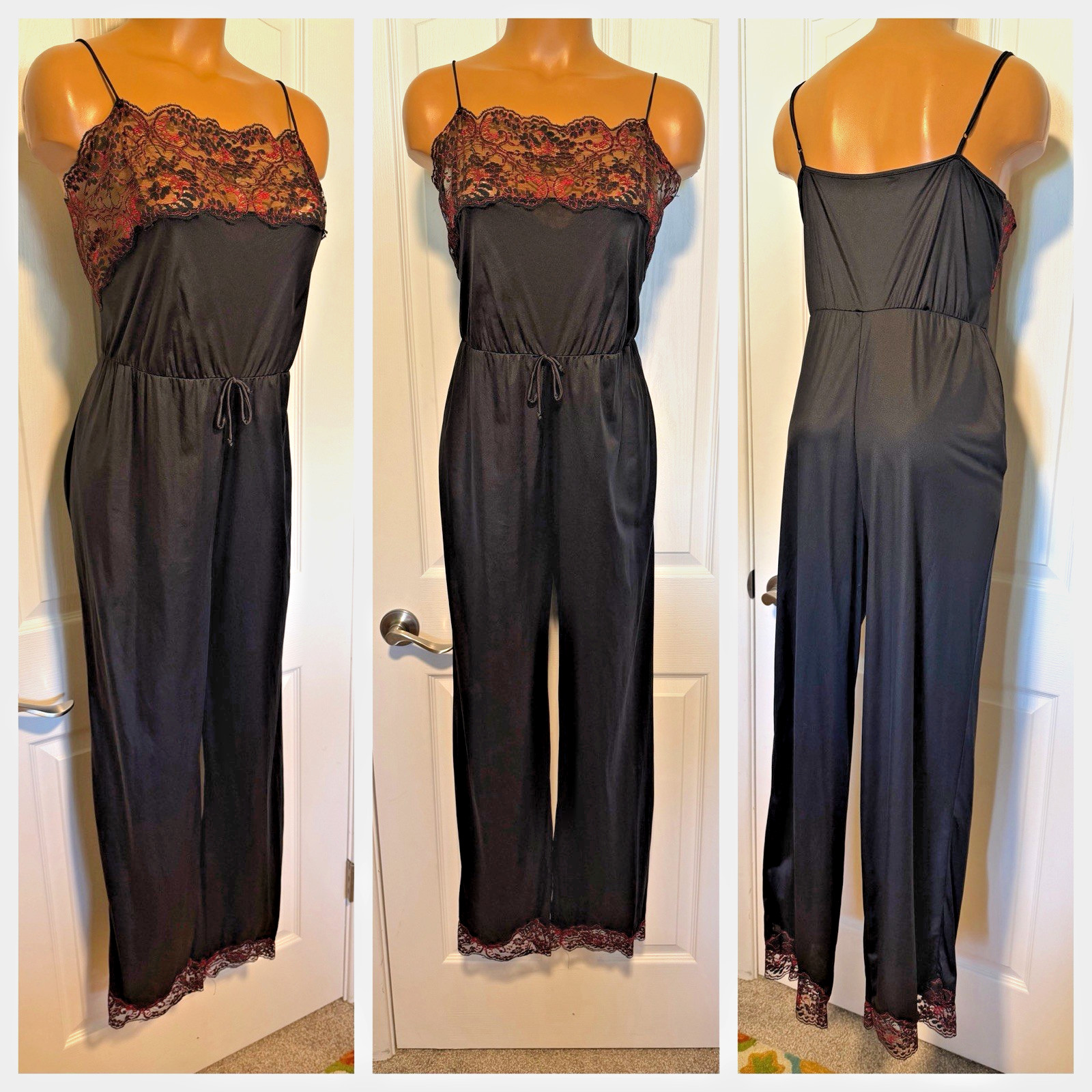 VTG 70’s DARLING BODY FASHIONS RED & BLACK LACE TRIM PALAZZO LOUNGER GOWN SZ M