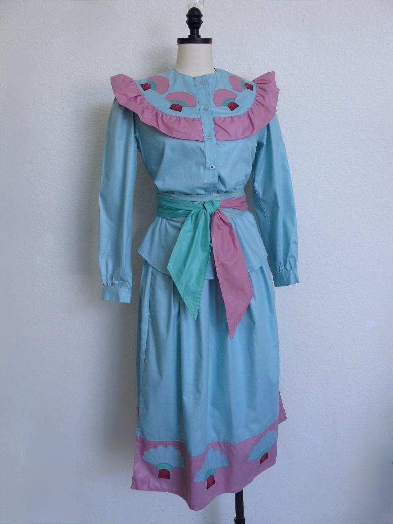 Vintage 80s Salaminder Kansas City Southwestern 2Pc Dress Top Skirt XXS Applique