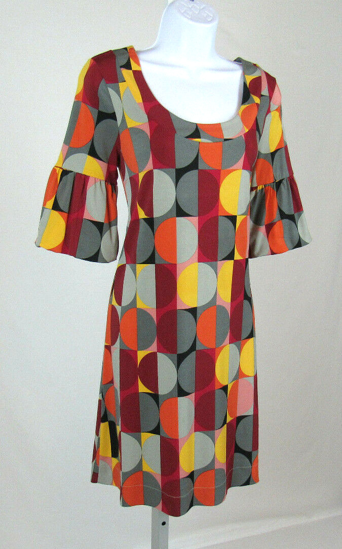 VTG 1980s 90s ELLE SMALL POLY SPANDEX DRESS MOD GEOMETRIC PATTERN PUFFY CUFFS