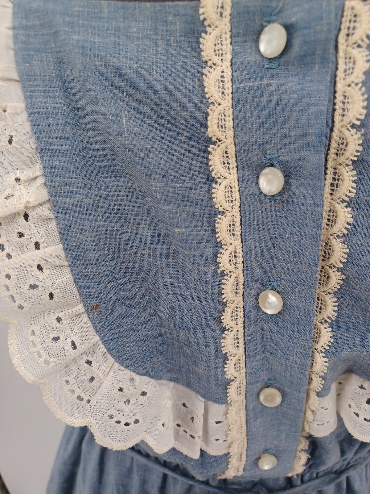Vintage 1970s Julie Miller Of California Chambray White Lace Bib Prairie Dress