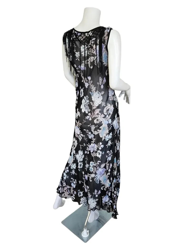Temptations 1990 Black Rayon Gauze Floral Bias Cut Dress XL Piano Shawl Fringe