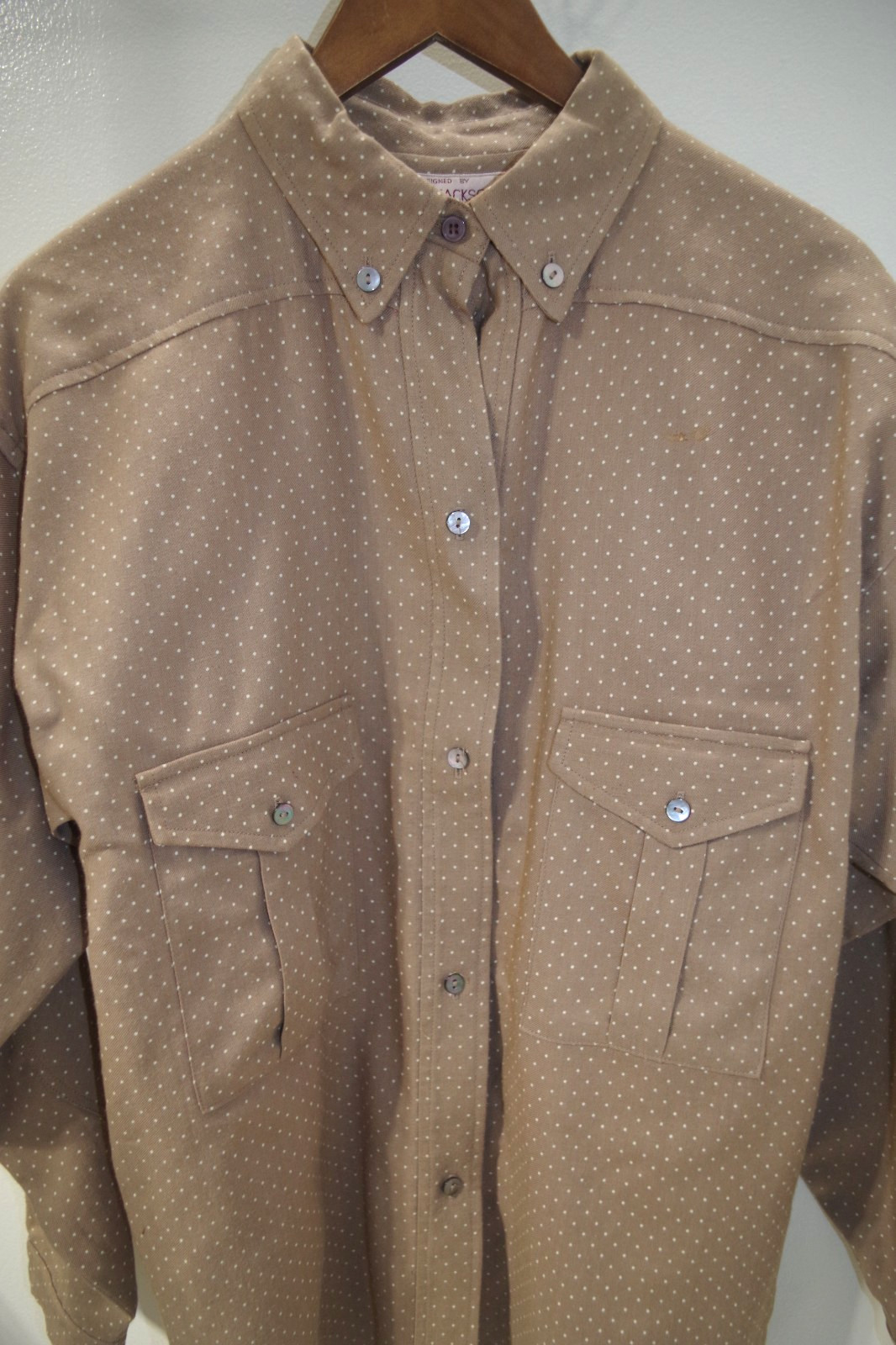 P4 Vintage Betty Jackson for Quorum Tan Polka Dot SHIRT 10 England Wool & Cotton