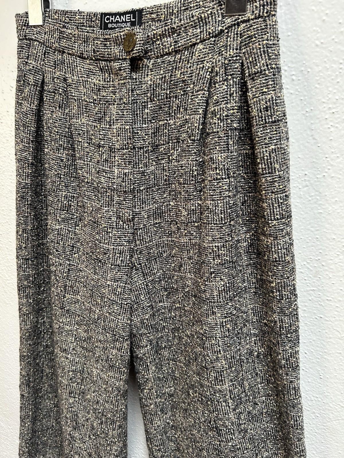 Vintage Chanel Tweed Wide Leg Trousers Wool Blend Silk Lining