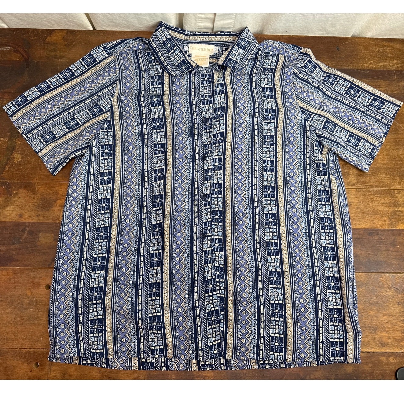 Christie & Jill Vintage Women’s Short Sleeve Blouse Blue Geometric Size Medium