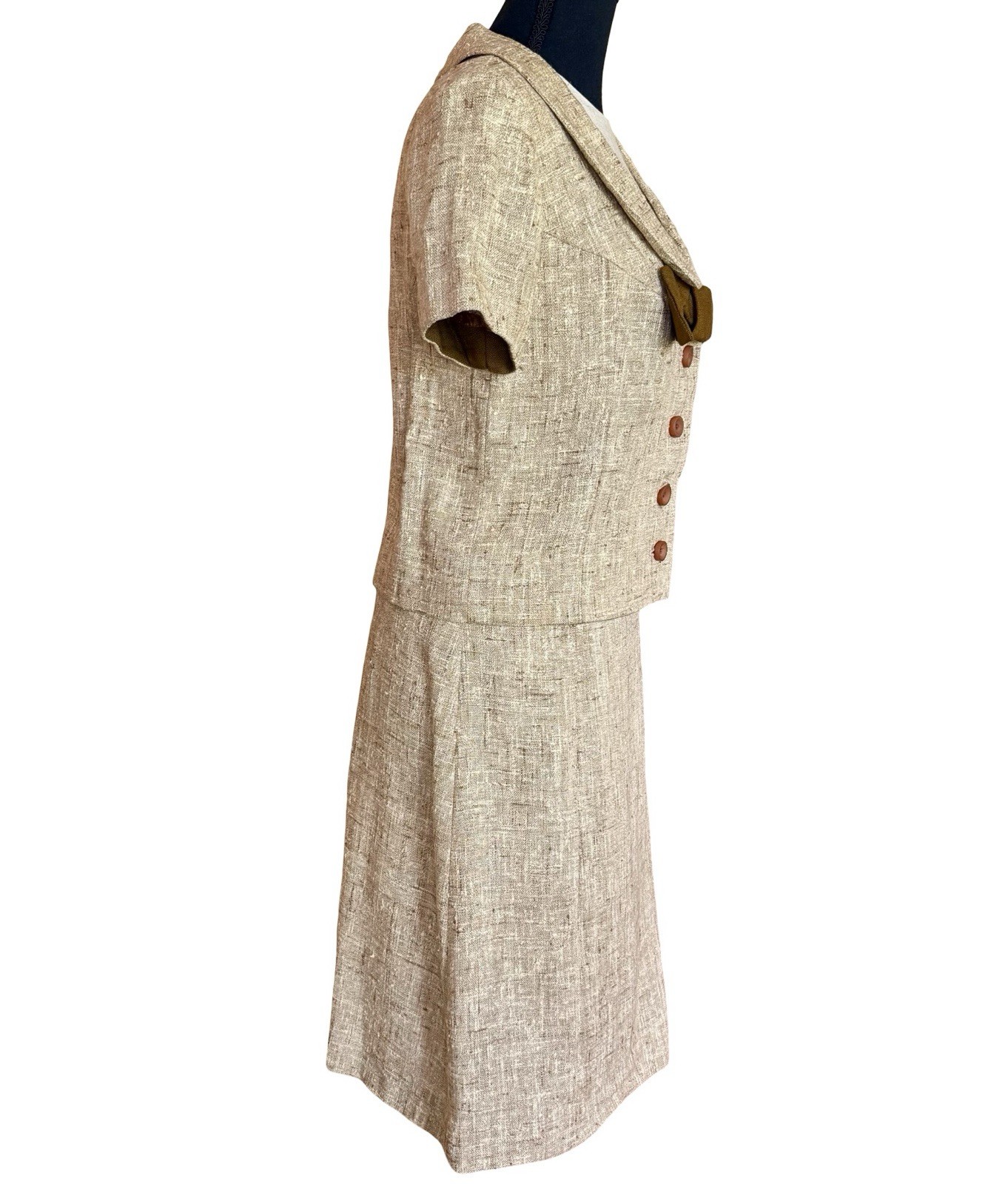 Vintage 1960s Sue Brett Tweed Style Dress and Jacket Set with Bow Size 6 Mod