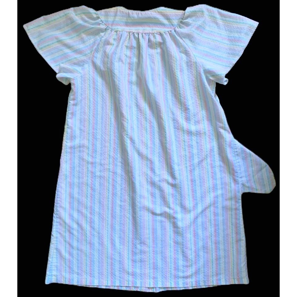 Pastel Stripe SEERSUCKER SNAP-FRONT LOUNGER Dan-Ellen Housecoat Dress 38 Vtg 70s