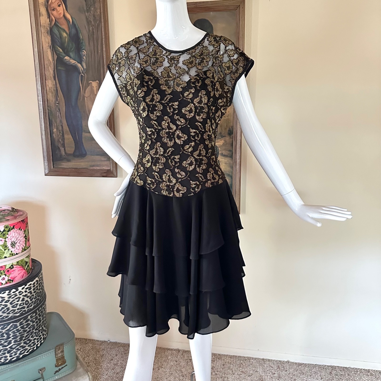 Vintage 1980s Black & Gold Lace Goth Ballerina Ruffle Skirt Prom Dance Dress S/M