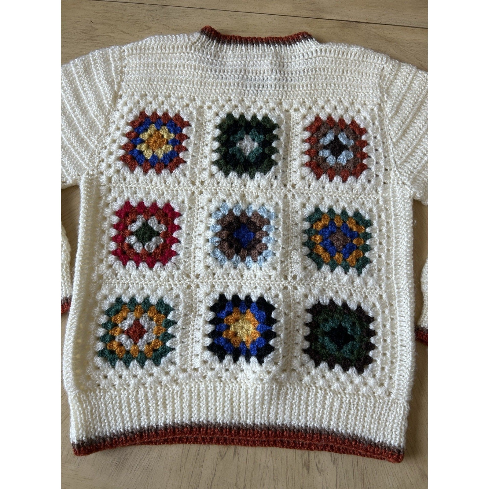 VTG 60s Granny Square Sweater Handmade Boho Hippie Crochet Knit Korean UNISEX M