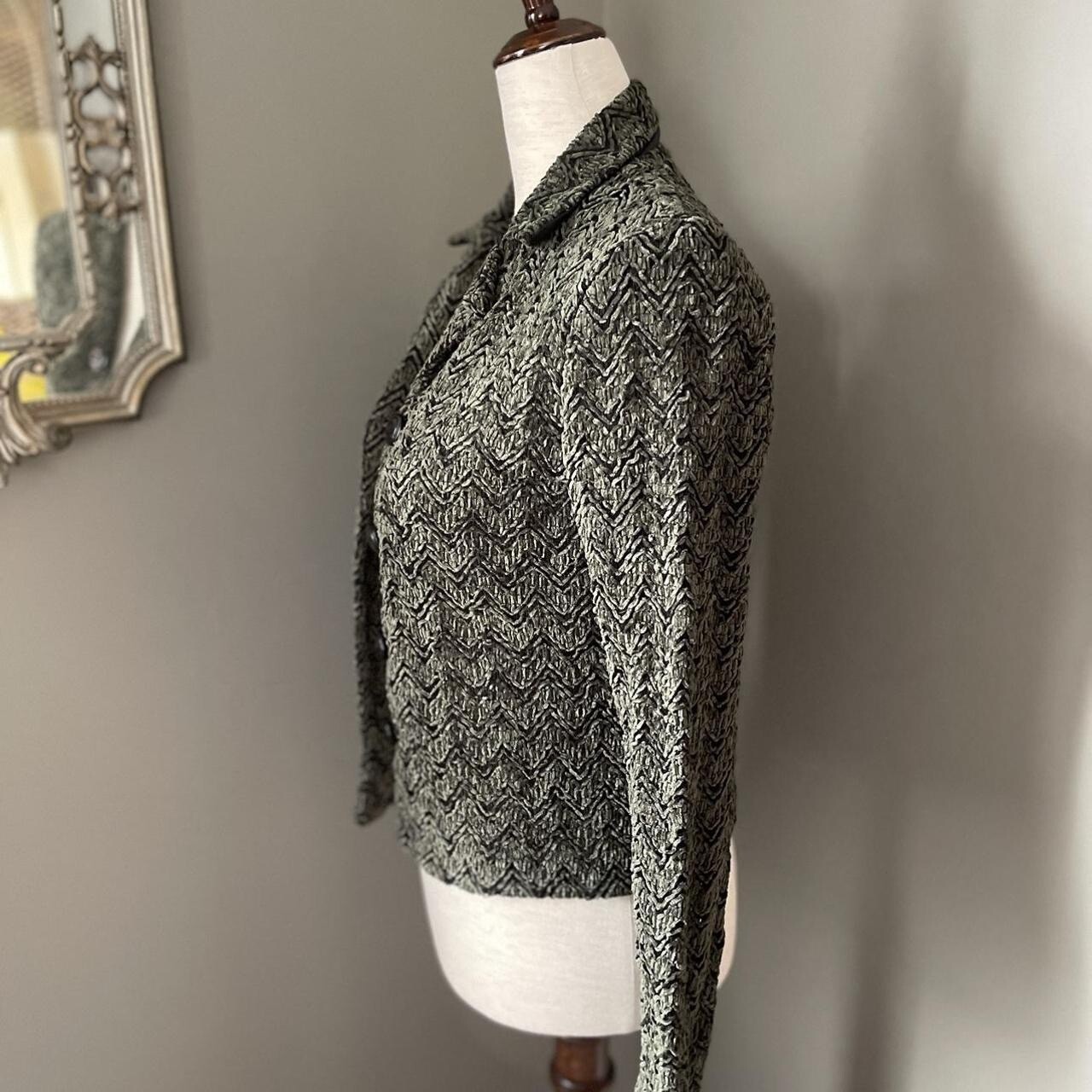 Vintage 80s Button Up Shoulder Pad Green Black Bouclé Cardigan Jacket M Chenile