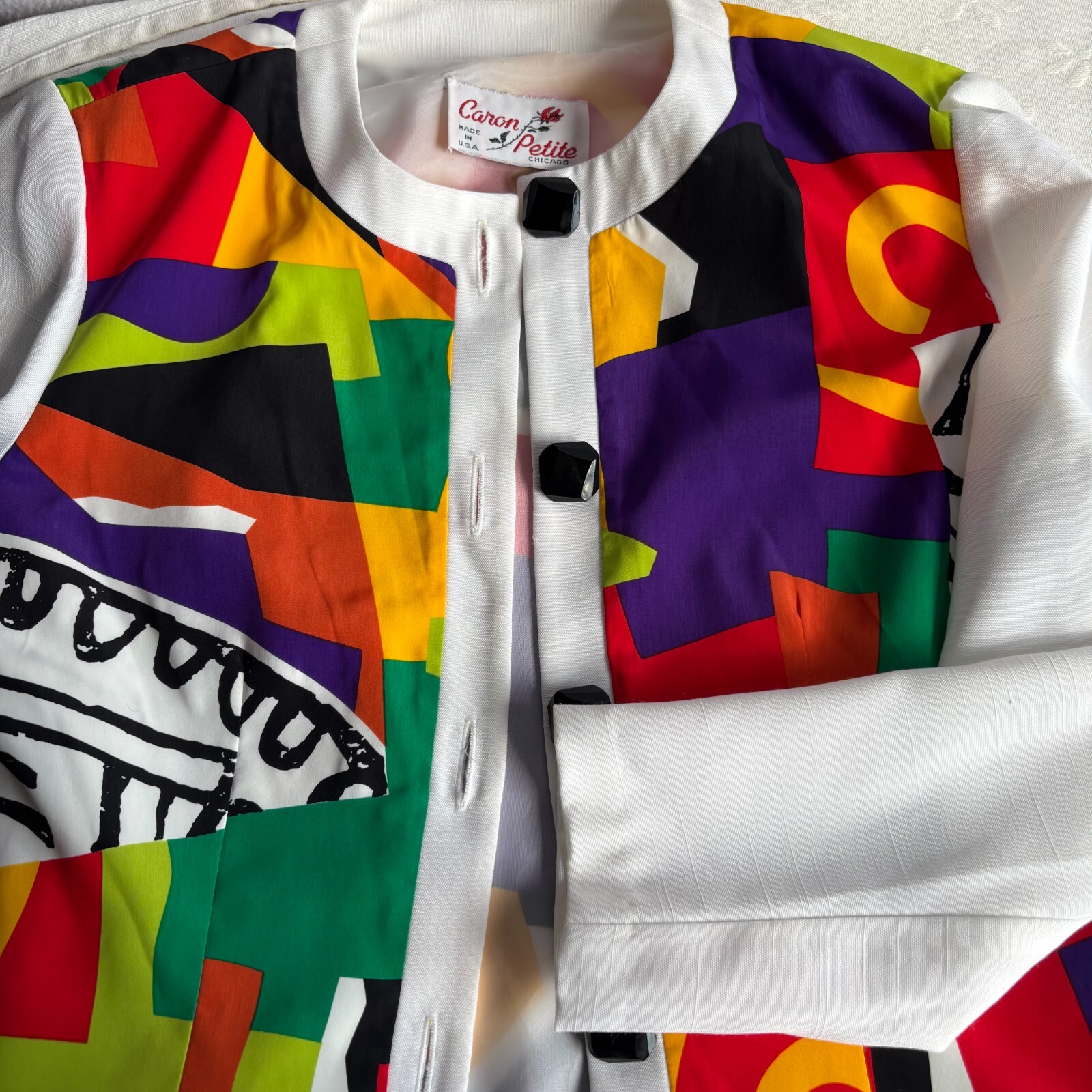 Vintage 1980s Caron Petite Colorful Geometric Print Suit Jacket