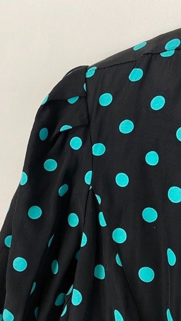 Vintage 1980s black polka dot suit L top pencil skirt set 3/4 sleeve teal jacket
