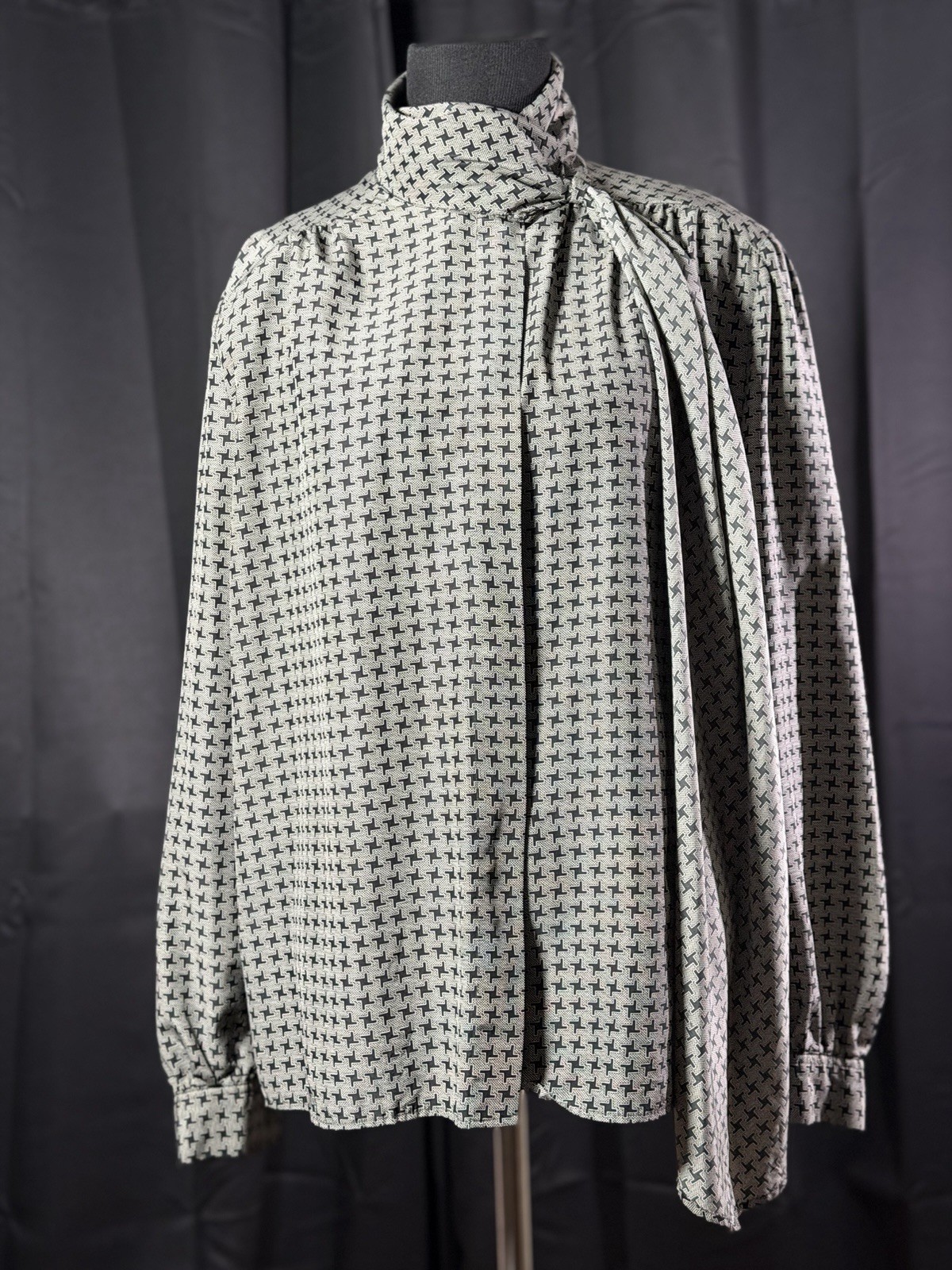 Vintage 80s COS COB Geometric Tie Neck Blouse Shoulder Pads Retro Top