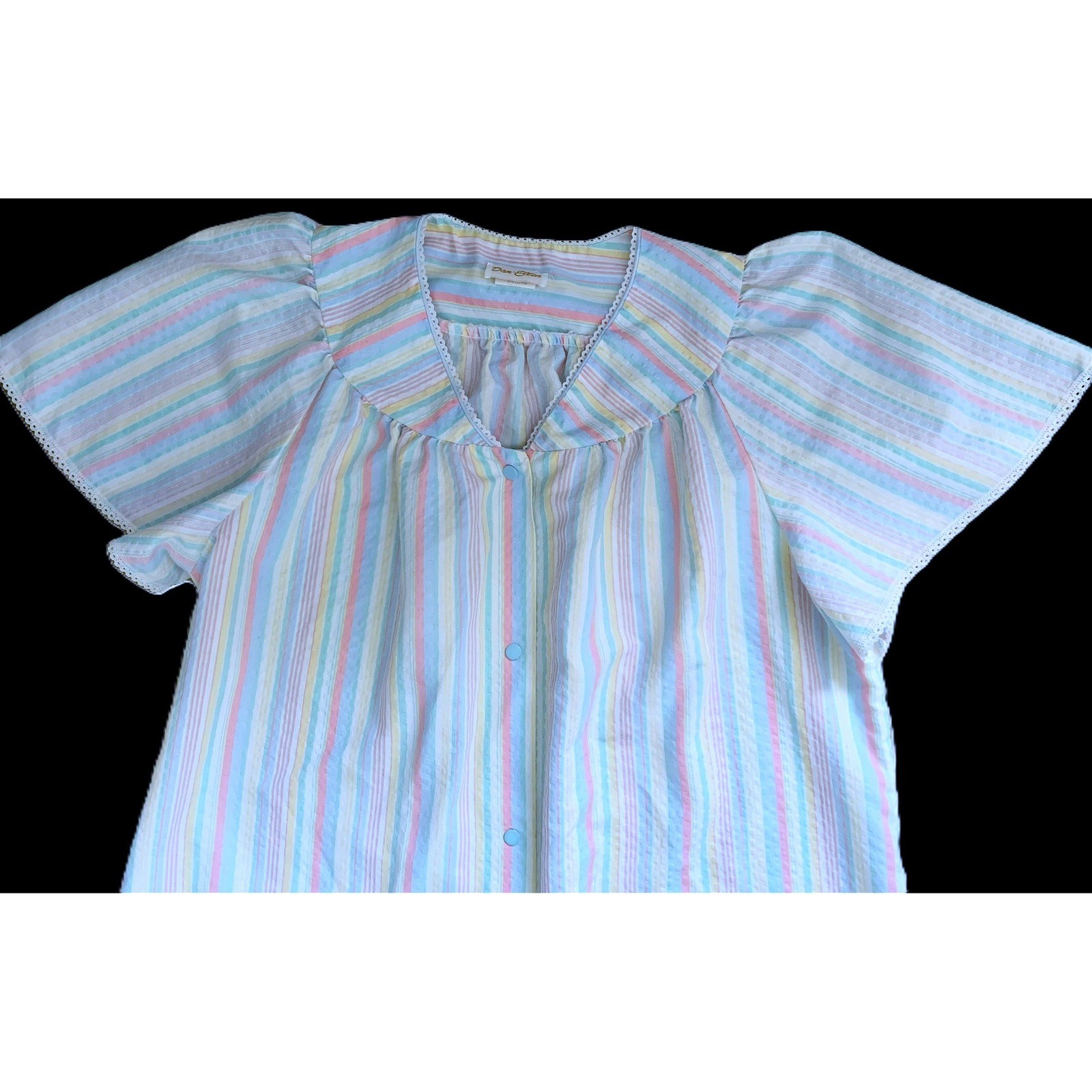 Pastel Stripe SEERSUCKER SNAP-FRONT LOUNGER Dan-Ellen Housecoat Dress 38 Vtg 70s