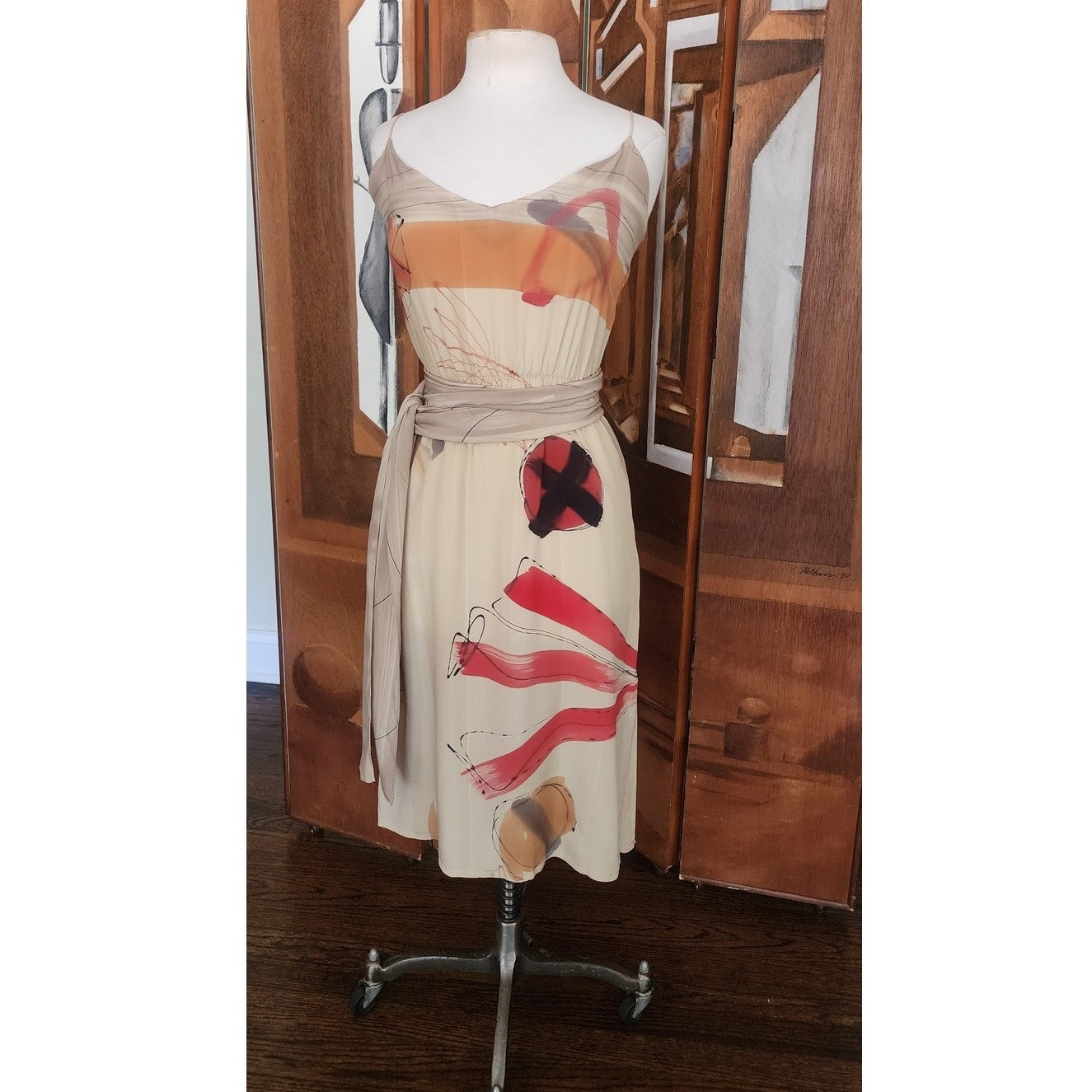 VTG 80s Nicole Chicago Dress Silk Geometric Abstract Print Scarf Belt Sash S