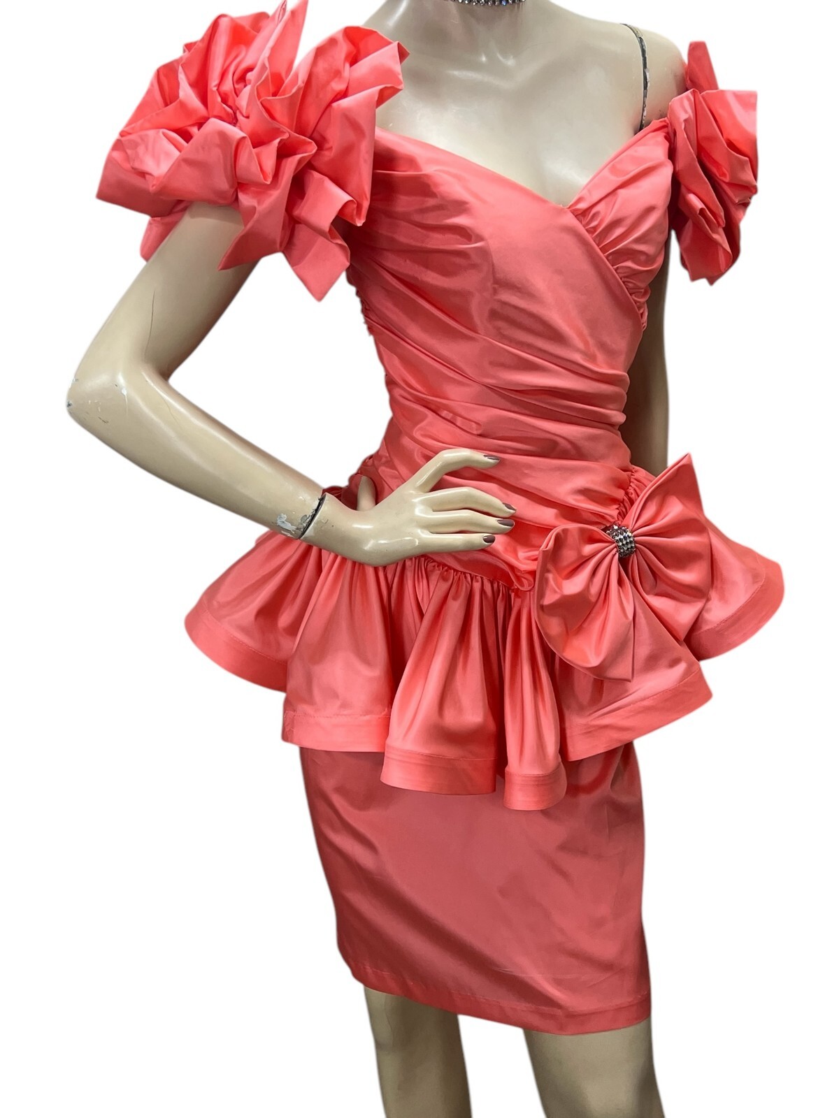 Vtg 80s Sz 4 Coral Party/Prom Mini Dress Karen Lucas Niki USA Big Bow Peplum