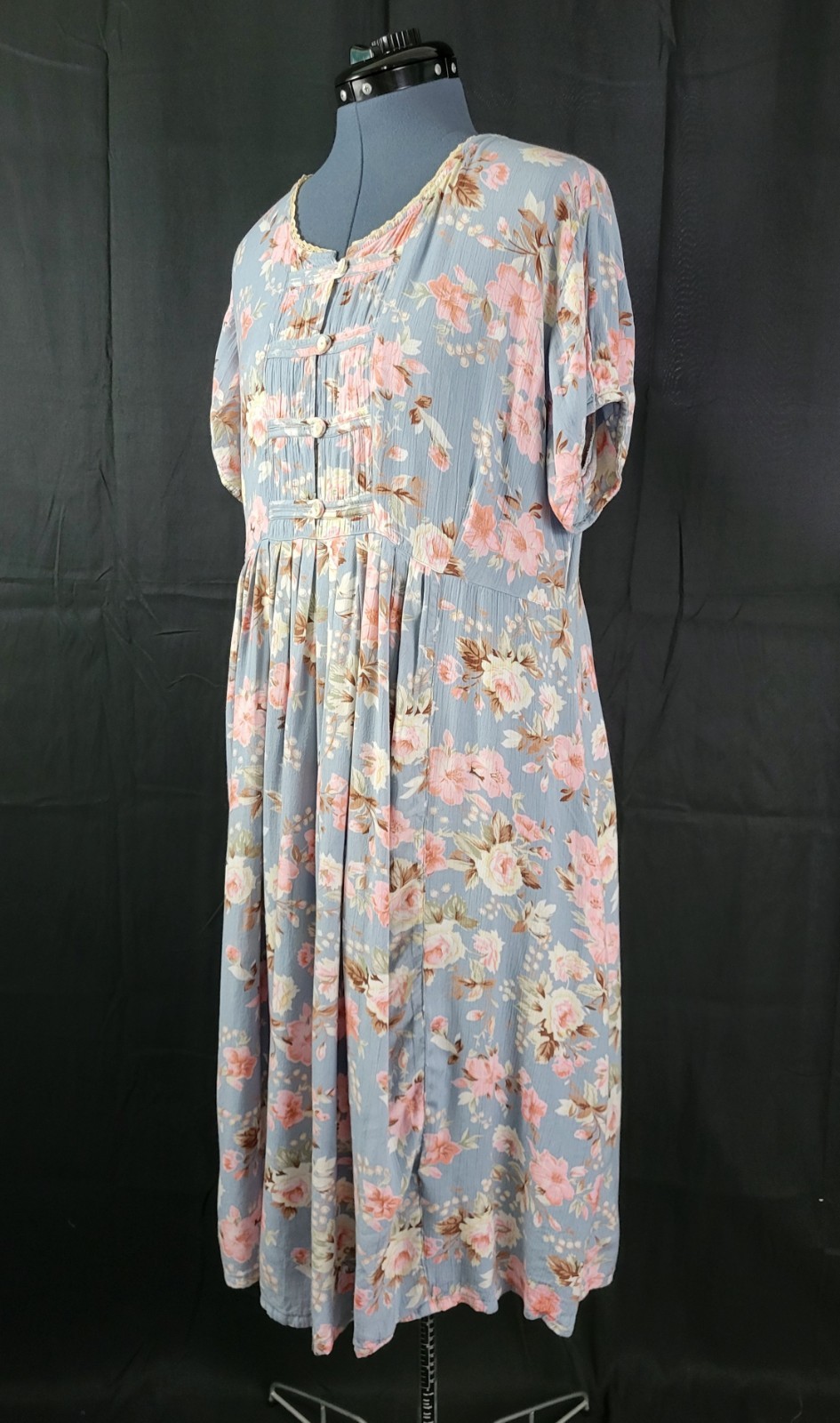Vintage Ellen Ashley Blueish Grey Dress w Pink & Cream Florals Size 14P