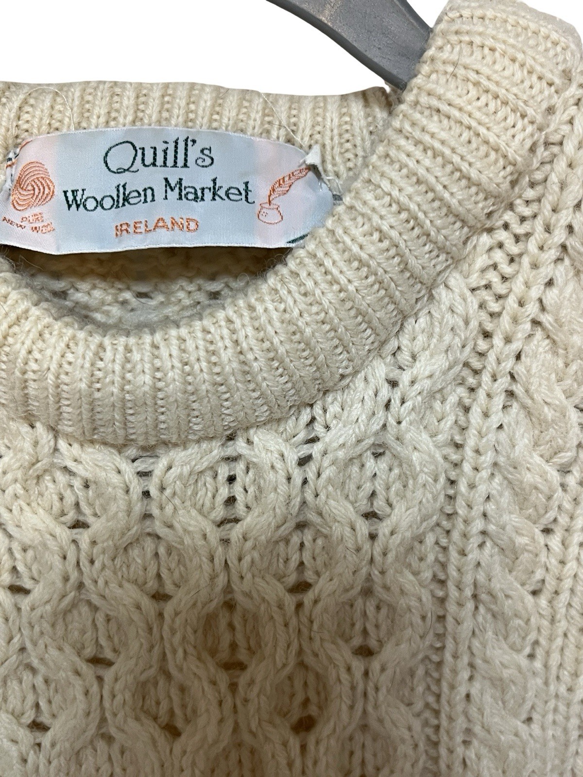 Quills Woolen Irish Fisherman Sweater Cable Knit, 100% Wool, Vintage, Ireland