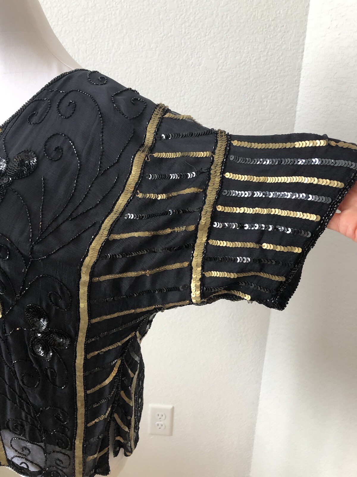 Vtg Beaded Sequin Top Black Gold Bougie Batwing Glam Festival Club Silk Showy M