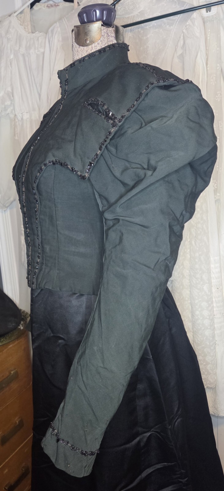 Deep Hunter Green Victorian Cotton Blend Bodice w/ Jet Black Bead Trim
