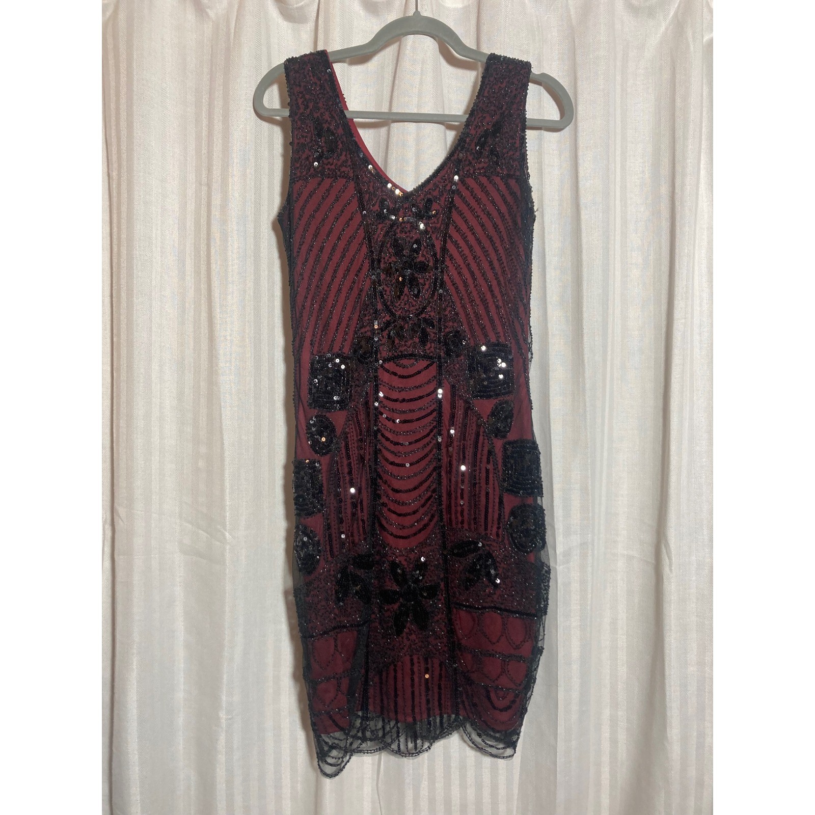 Vintage Style Flapper Dress Burgundy Black Beaded Sequin Great Gatsby Party Midi