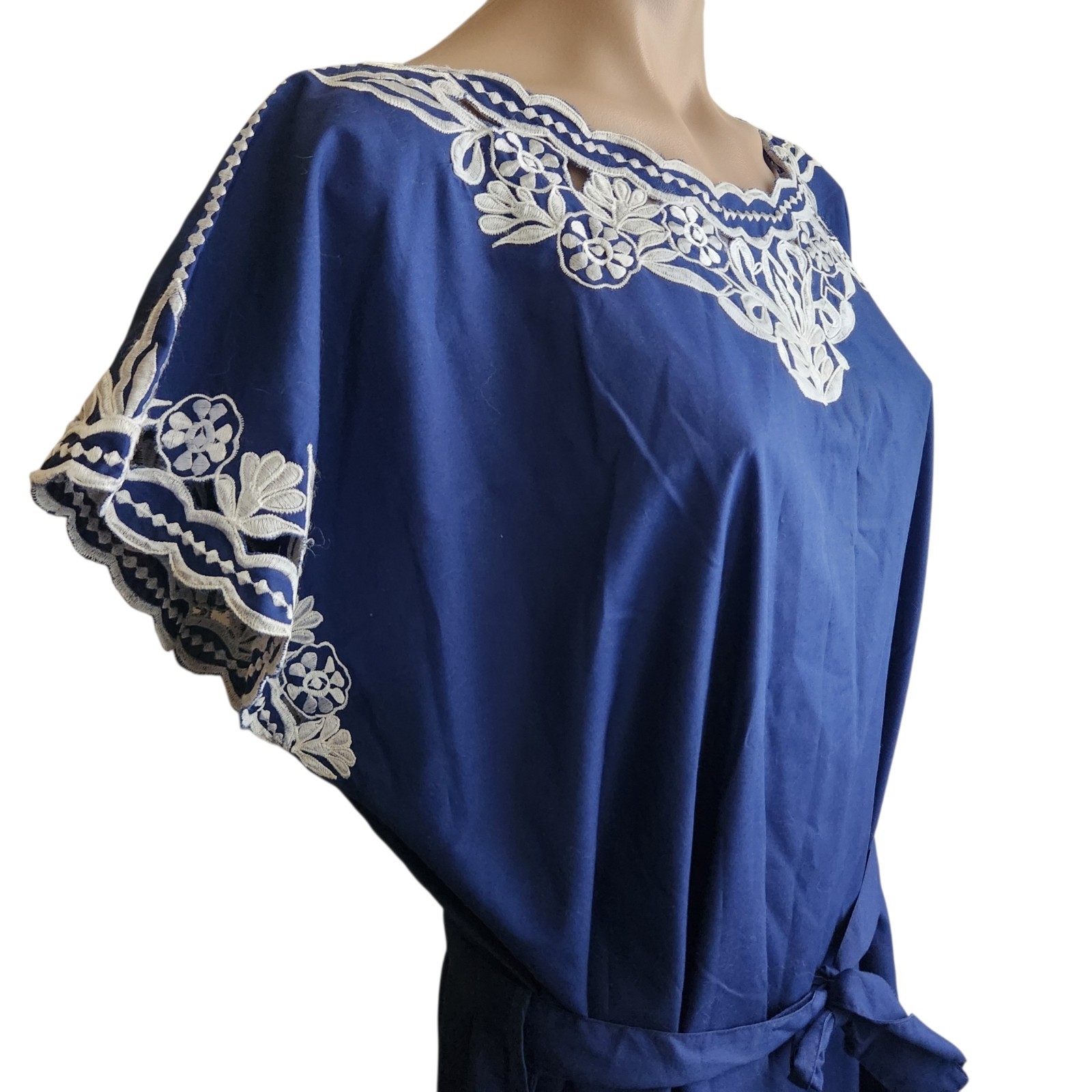 VTG 60s Caro Of Honolulu Hawaiian Aloha Dress Embroidered Blue MCM Boho Hippie