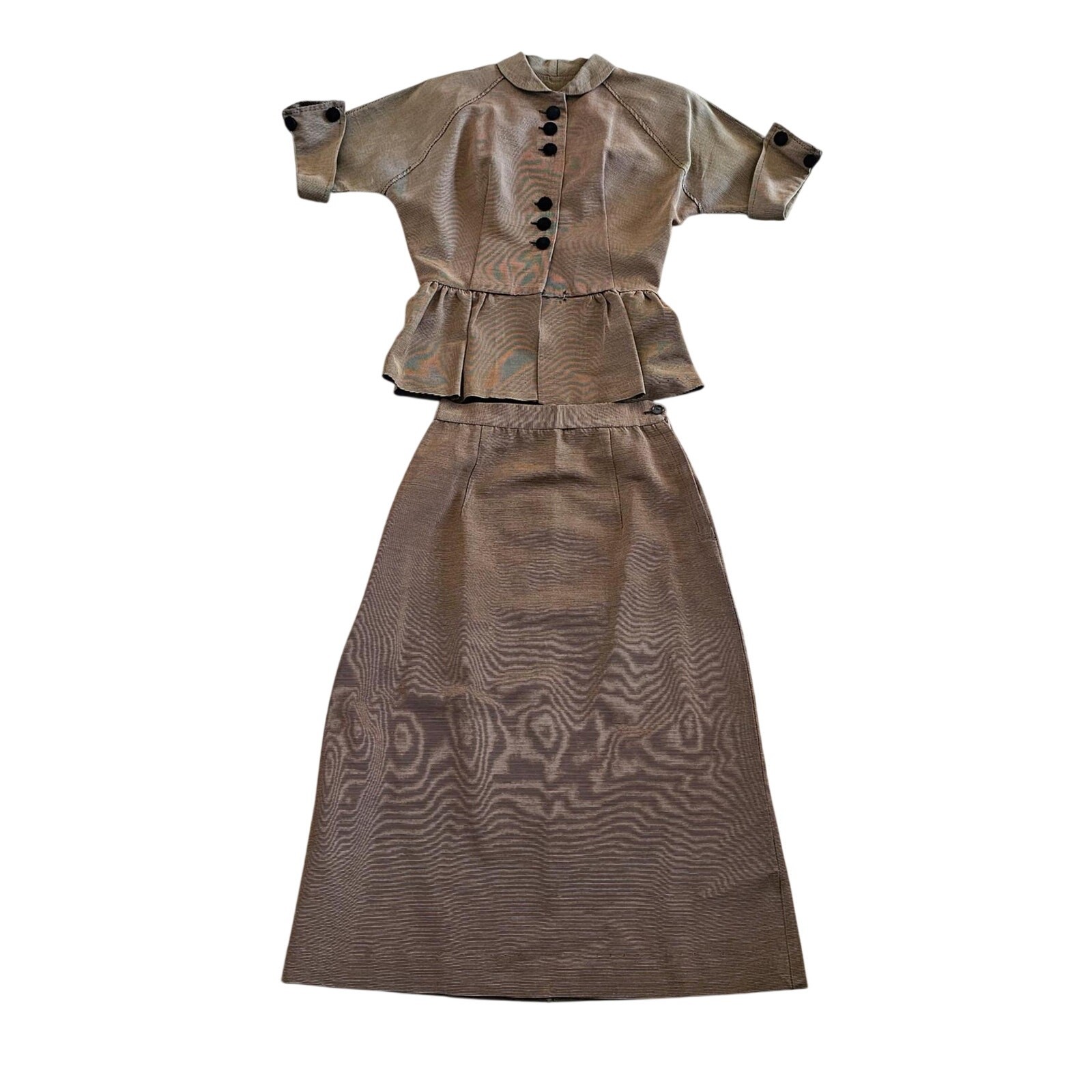1940s Suit Dress Brown-Black Side Zip Grosgrain Type Fabric Sz 0-2 Vintage