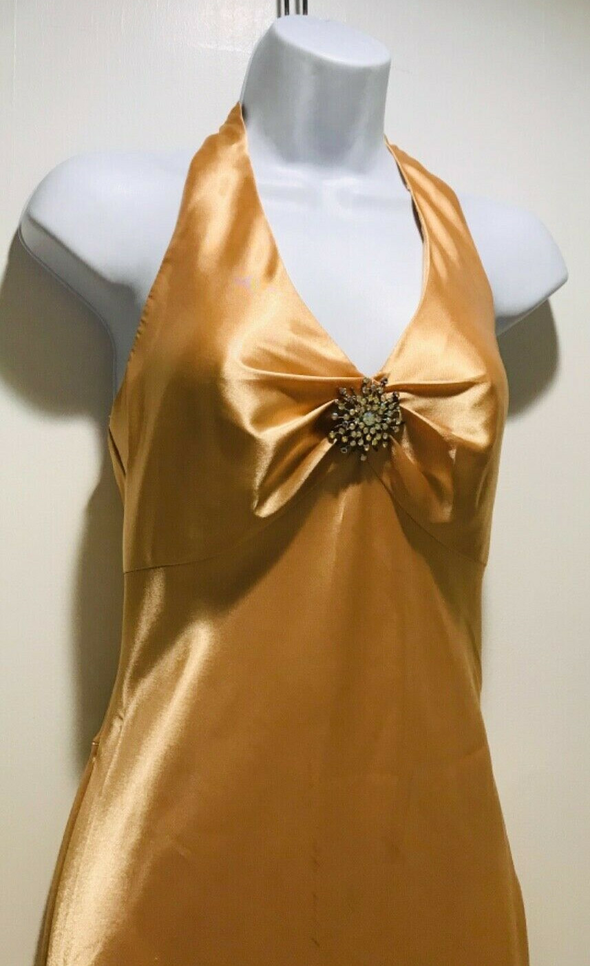 Vtg 80s Sz. 6 Ball Gown/Prom Dress. Gold Halter w/Brooch. Empire Waist. Art Deco