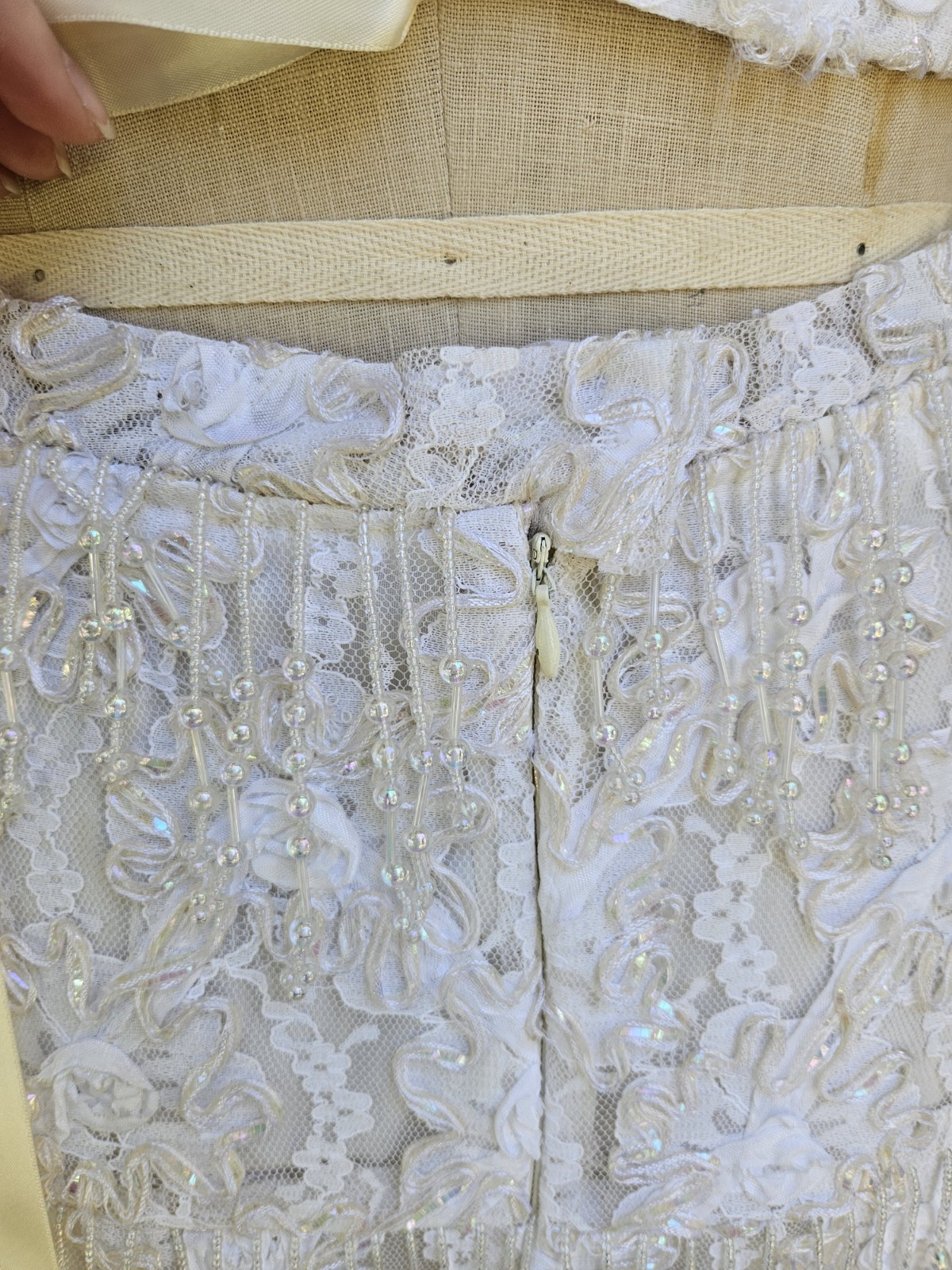 Vintage 1980s 2 Pic Wedding Dress Beaded Fringe Lace Bridal Bustier And Skirt L