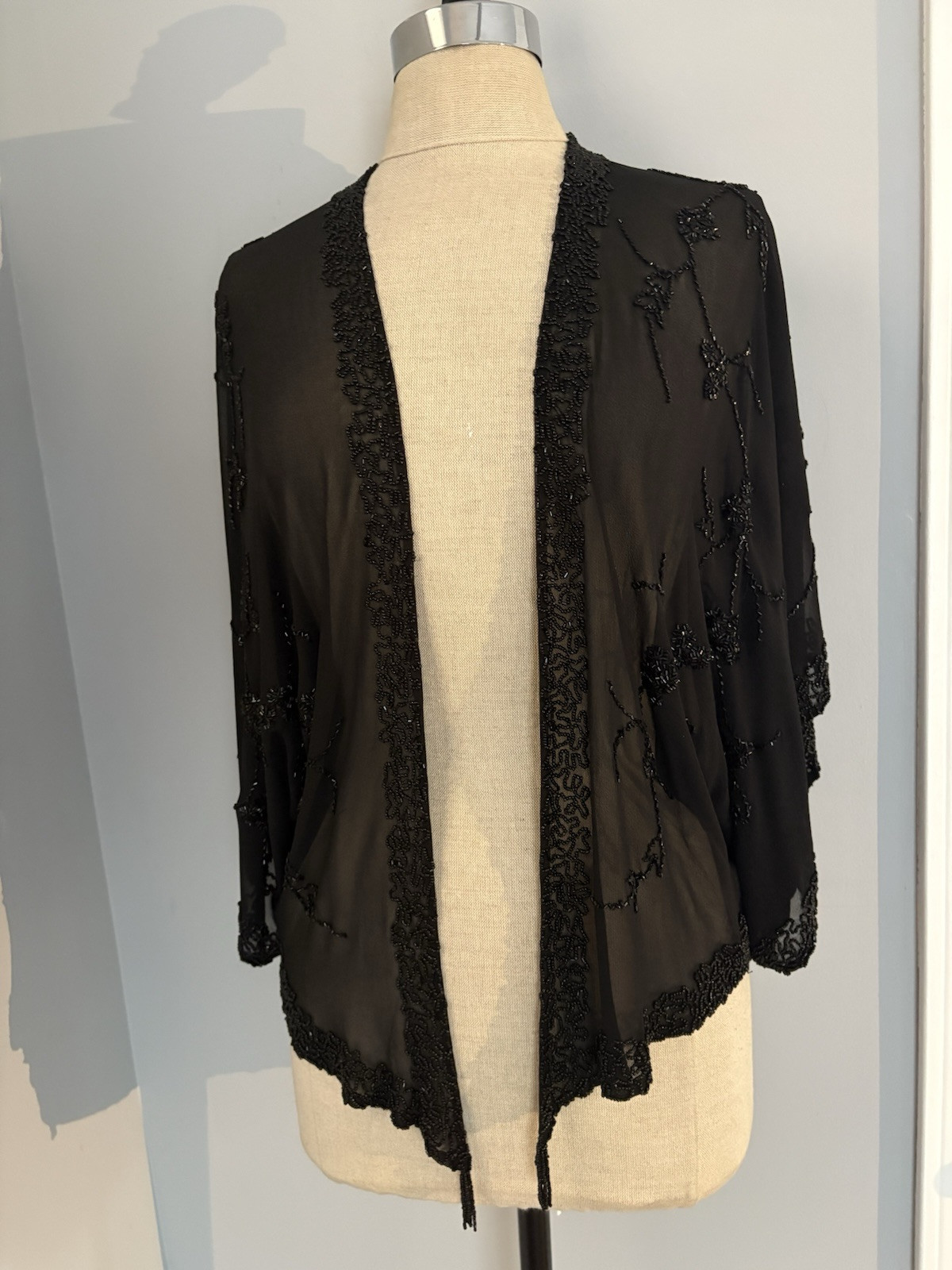 Vintage 80s Beaded Sheer Silk Kimono Top Edwardian Victorian Gothic Boho Flapper
