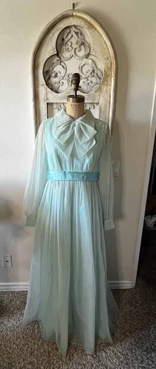 1960s-1970s Chiffon Maxi Dress Collared Long Sleeve Bow Front Handmade