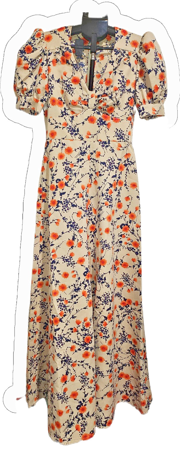 VTG 70s Zinnia Romantic Fit & Flare Vibrant Orange, Navy, Magenta Satin Acetate