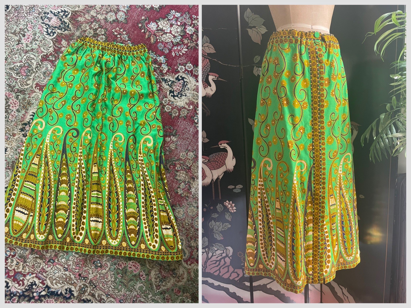 Vintage 1960’s Alex Coleman Maxi Skirt Neon Green Trippy Boho Dopamine S