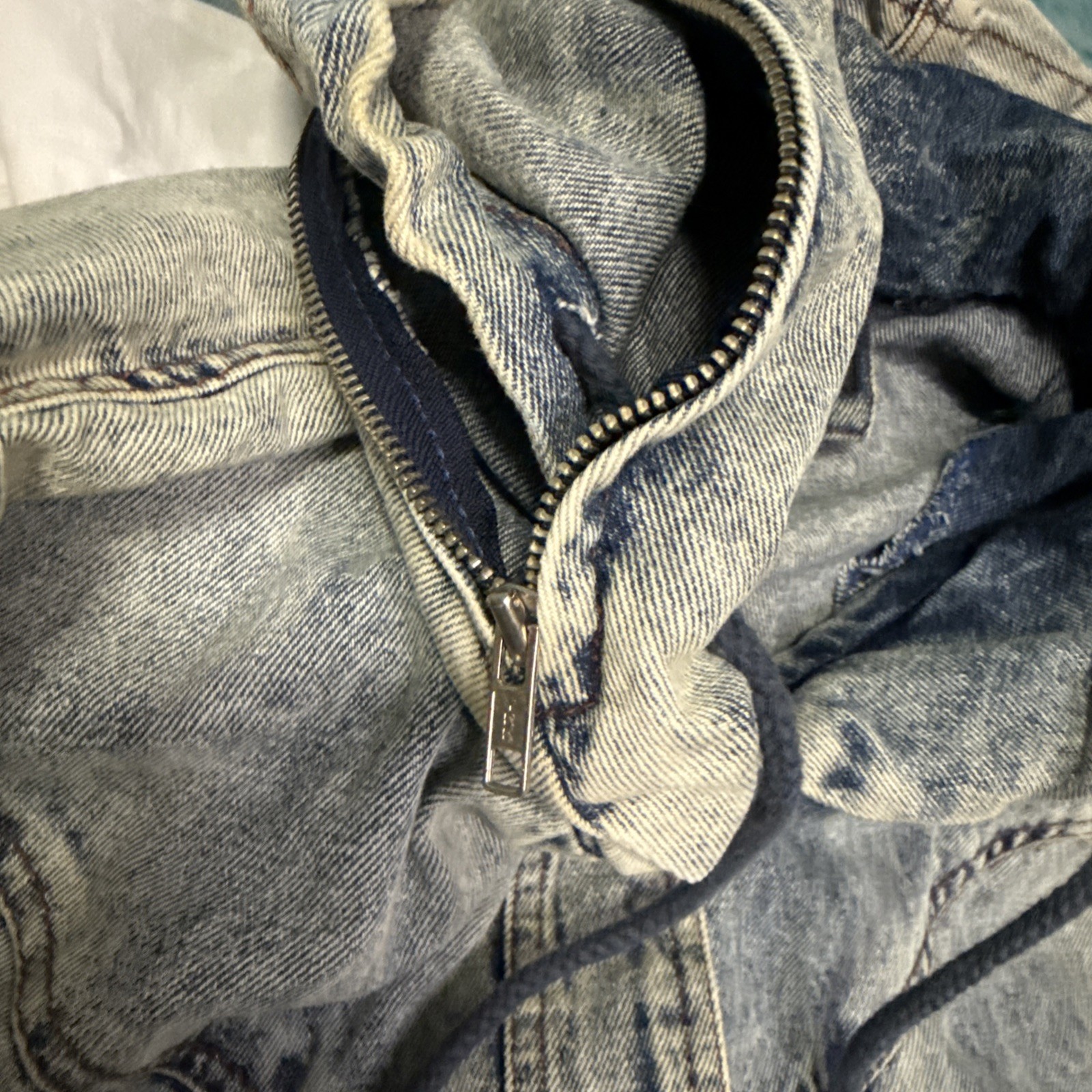 VTG ANDY JOHNS Long Denim Jacket Coat Large Hooded Grunge 90s 80s Light Wash