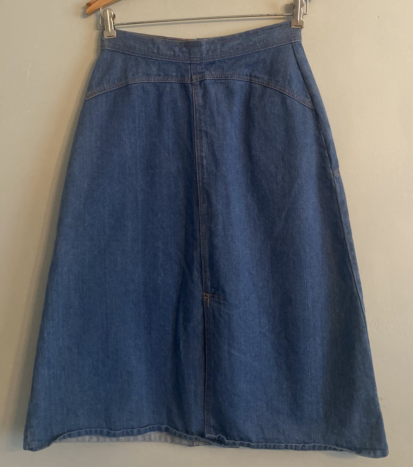 Vintage 70s Hi-Hi Denim Midi Jean Skirt Women’s 11/12 A-Line 100% Cotton Slit